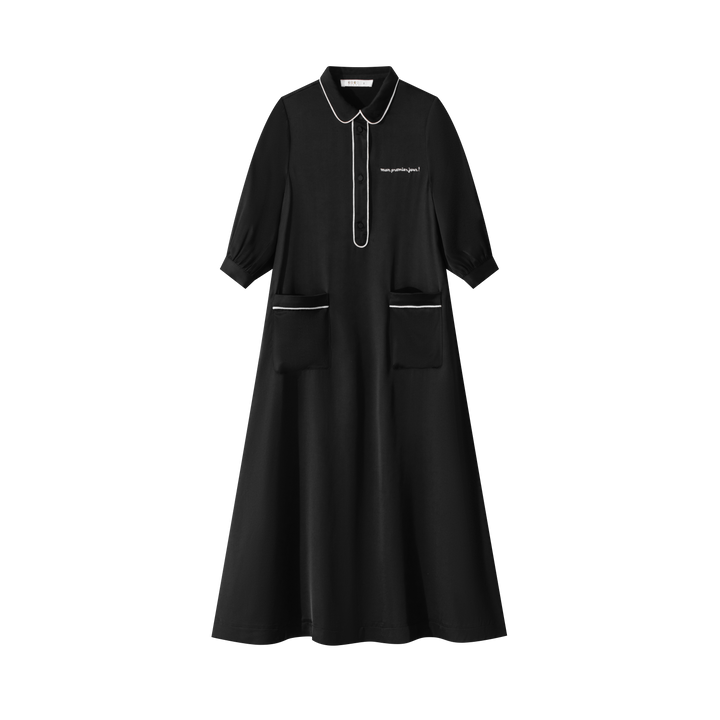 maxi dress 3/4 sleeve silk shirt style - black