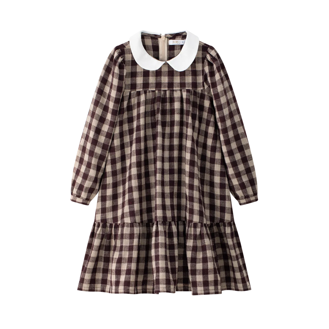dress gingham tiered with peter pan collar - burgundy