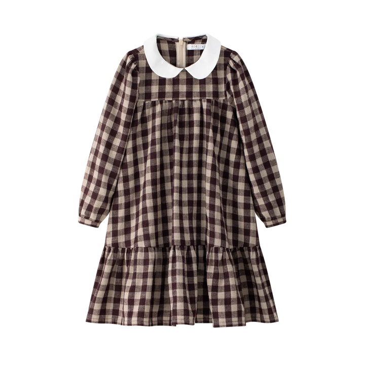 dress gingham tiered with peter pan collar - burgundy