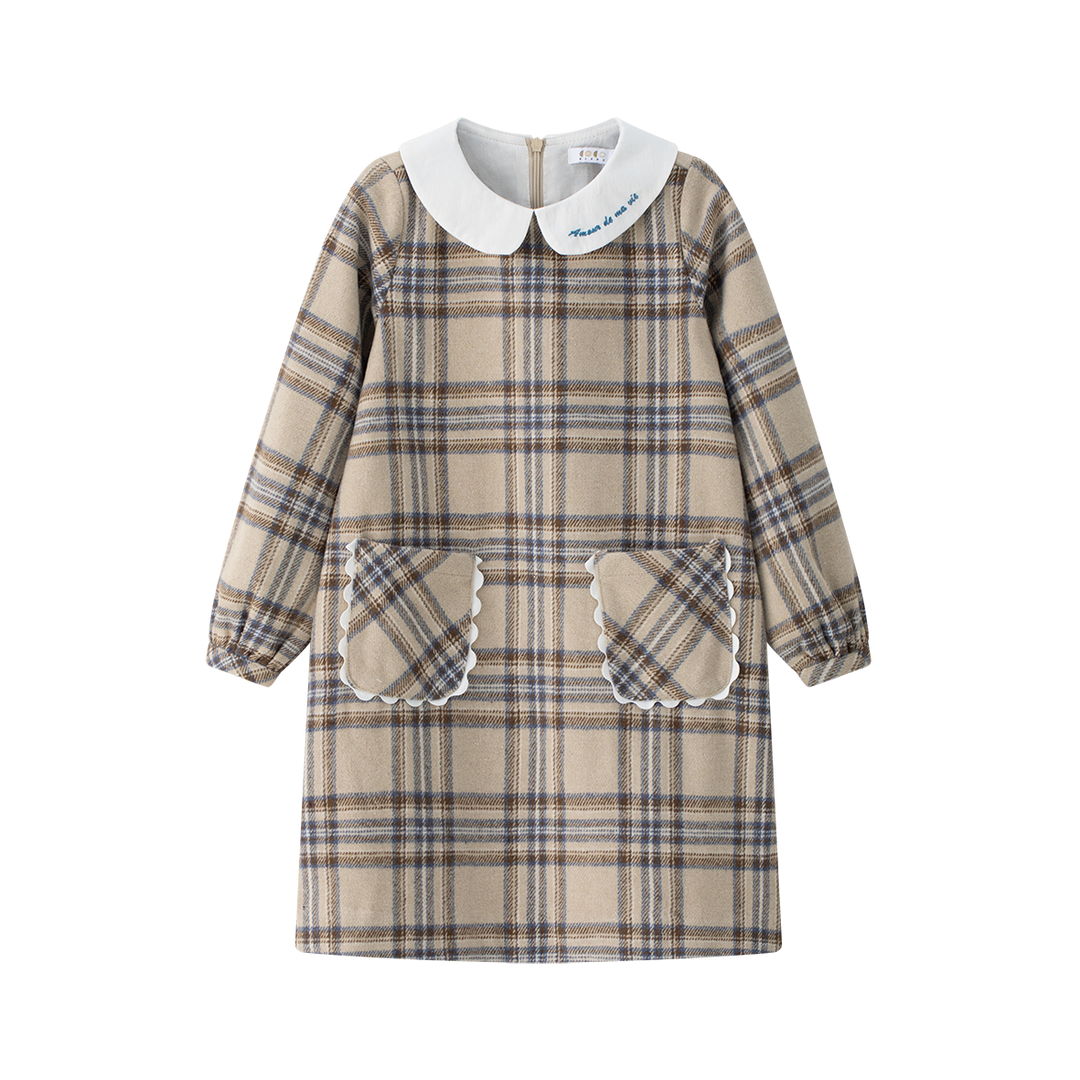 dress plaid a line pocket with embroidered collar - blue plaid