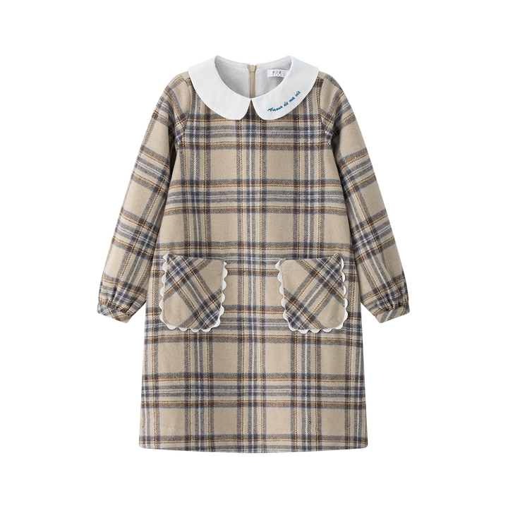 dress plaid a line pocket with embroidered collar - blue plaid