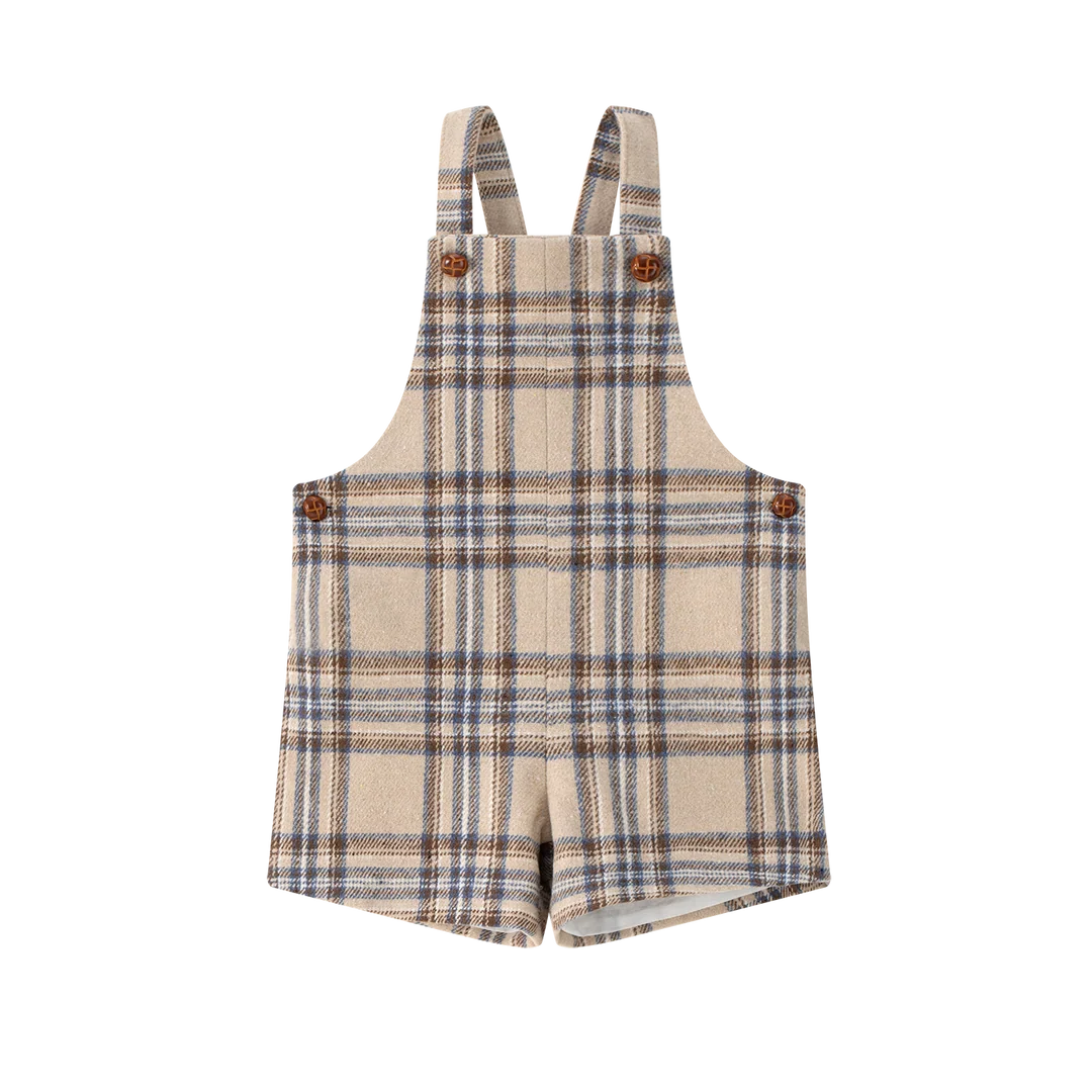 one piece plaid short overalls - blue plaid