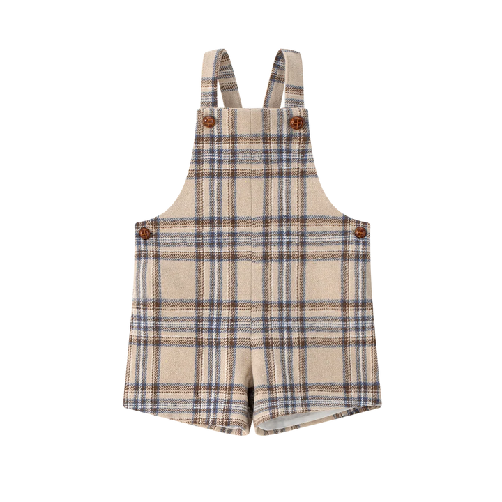 one piece plaid short overalls - blue plaid