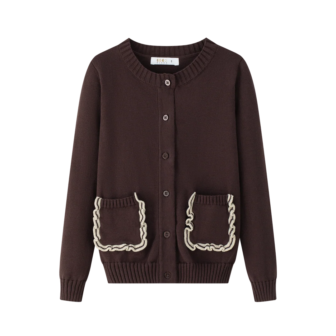 top l/s scalloped edge knit cardigan - burgundy