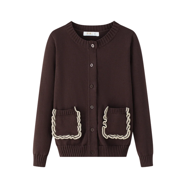 top l/s scalloped edge knit cardigan - burgundy