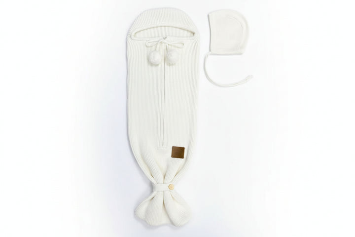 cocoon textured knit zip up tie with bonnet - ivory