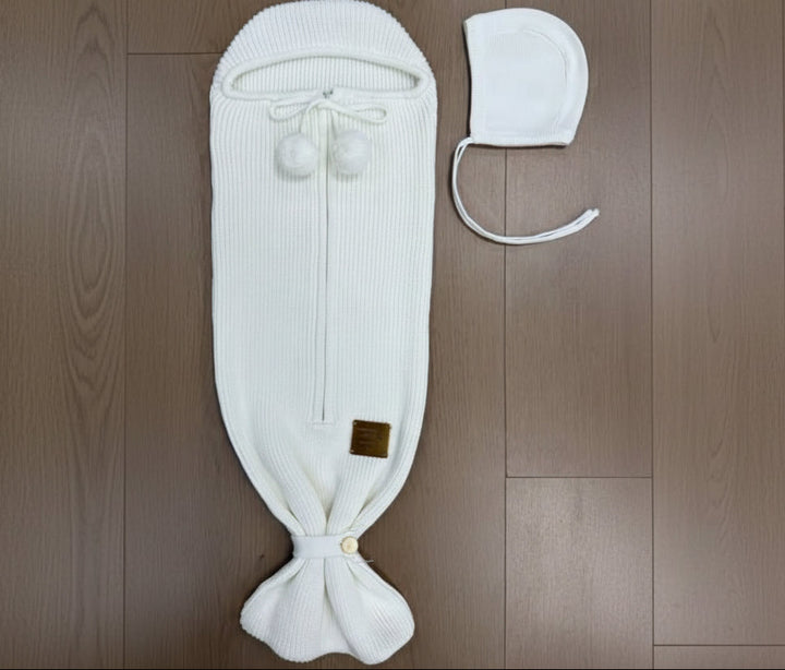 cocoon textured knit zip up tie with bonnet - ivory