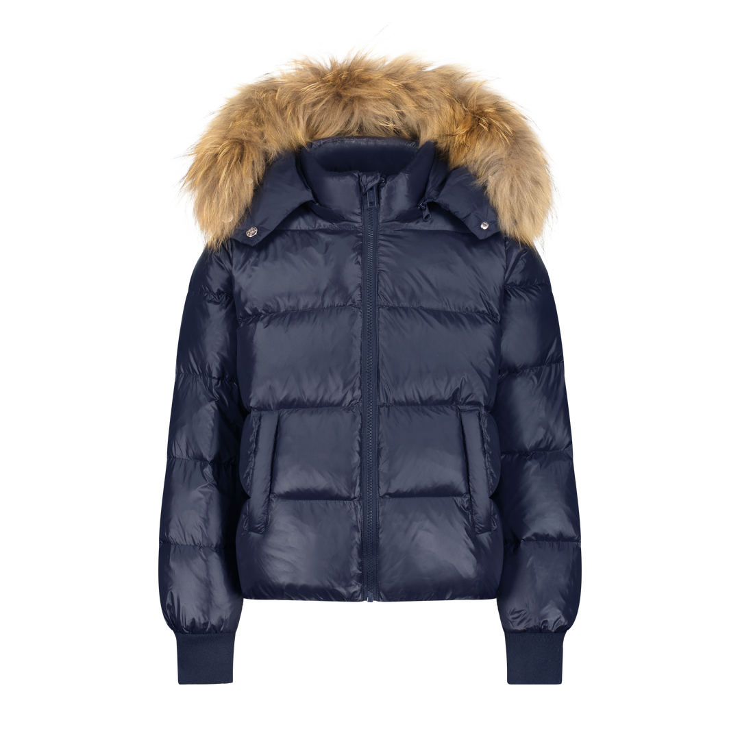 coat classic down with fur trim hood  - navy