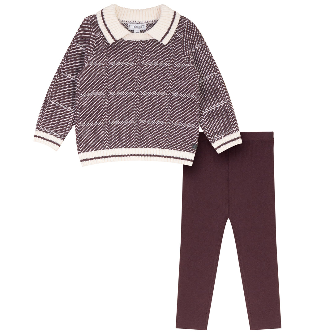 set outfit chevron knit sweater and leggings - burgundy