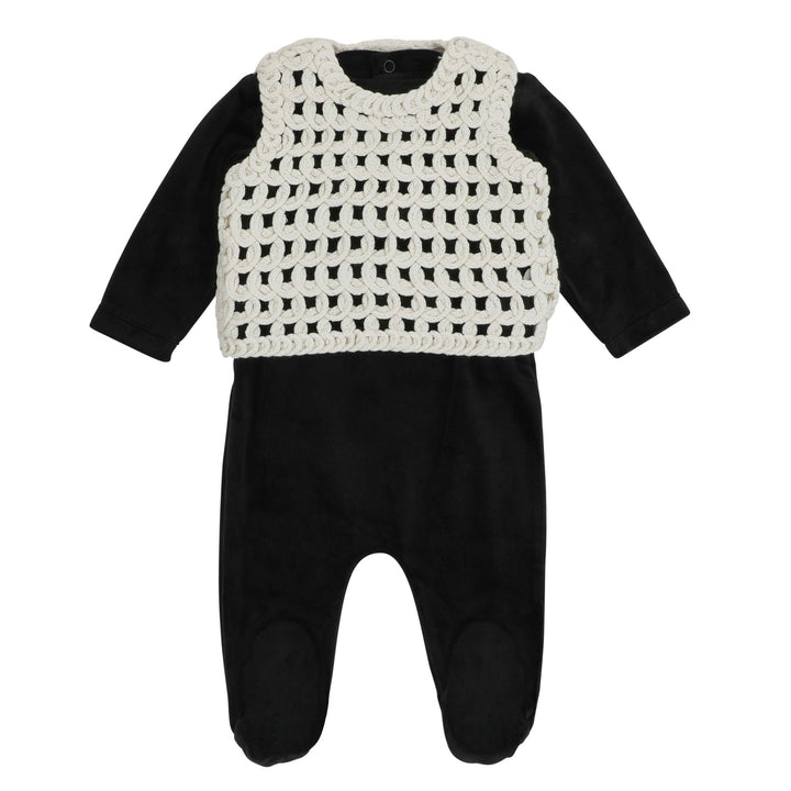 footie velour with crochet vest - black