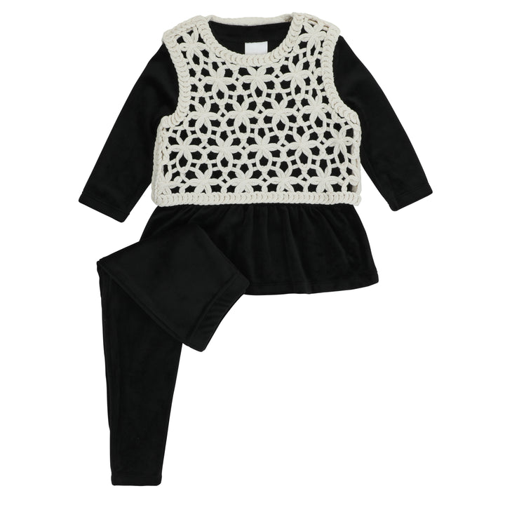 set outfit velour crochet vest - black