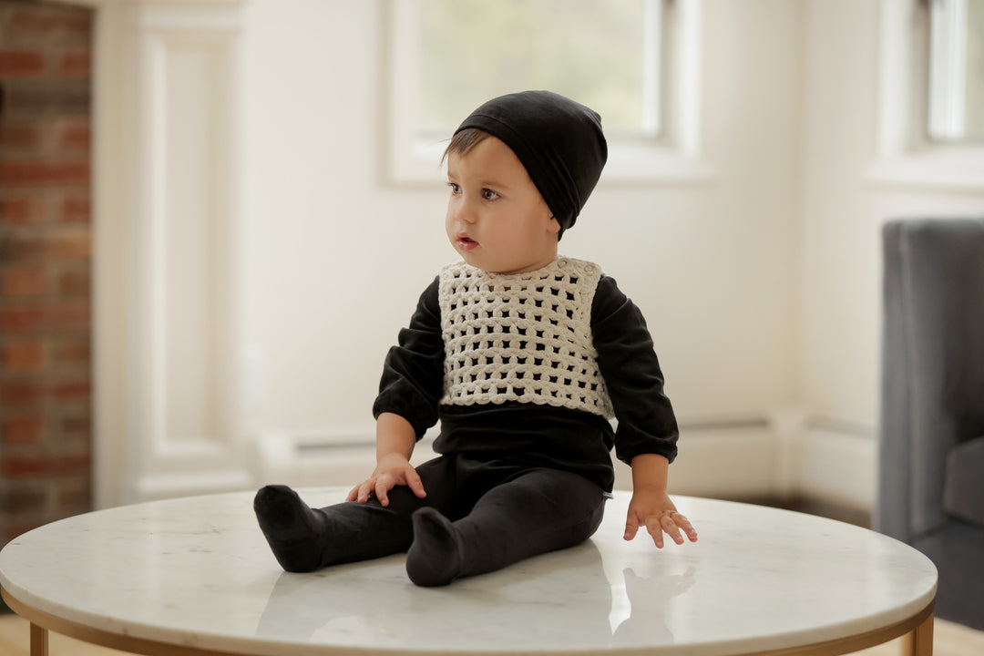 footie velour with crochet vest - black