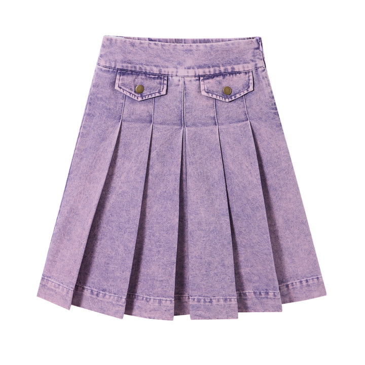 skirt denim pleated with mock pockets - purple