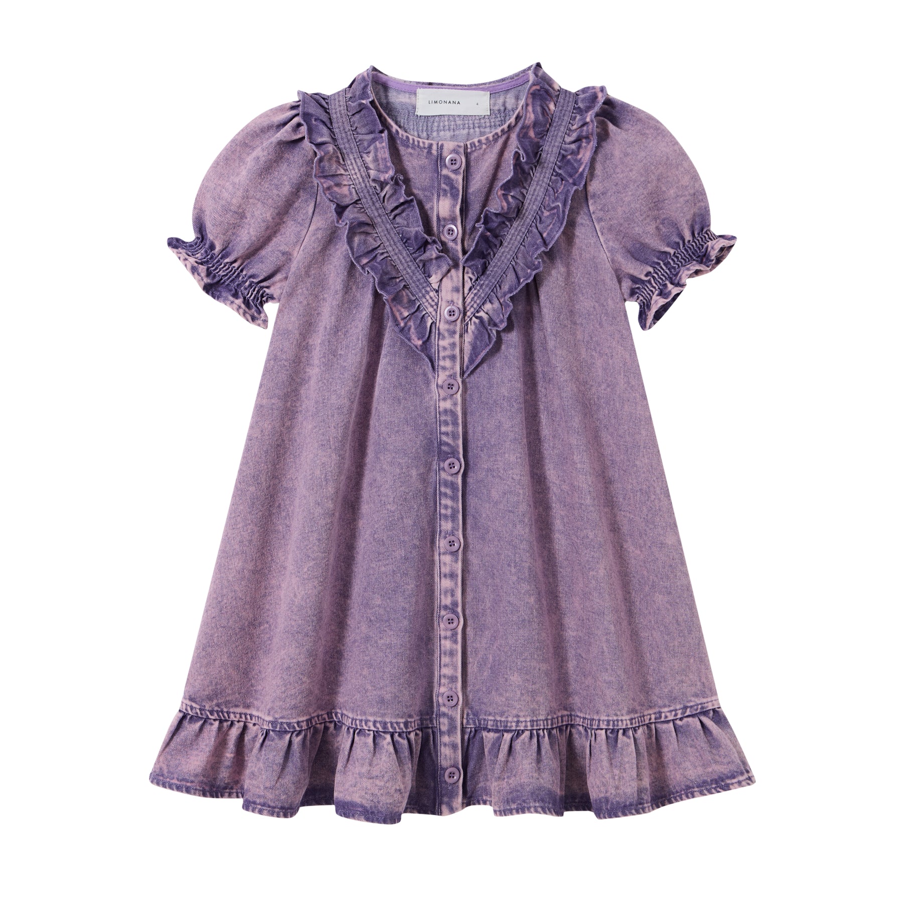 purple denim dress dress denim button down frill detail
