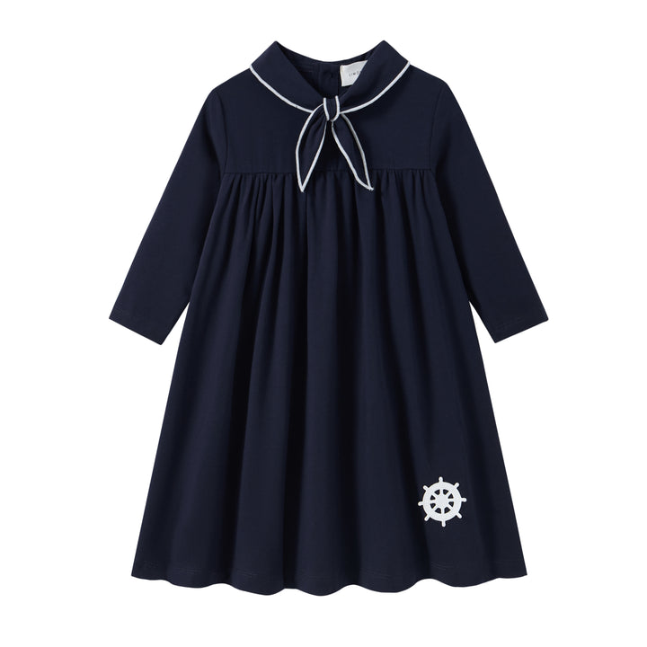 dress 3/4 sleeve wheel patch with sailor collar - navy