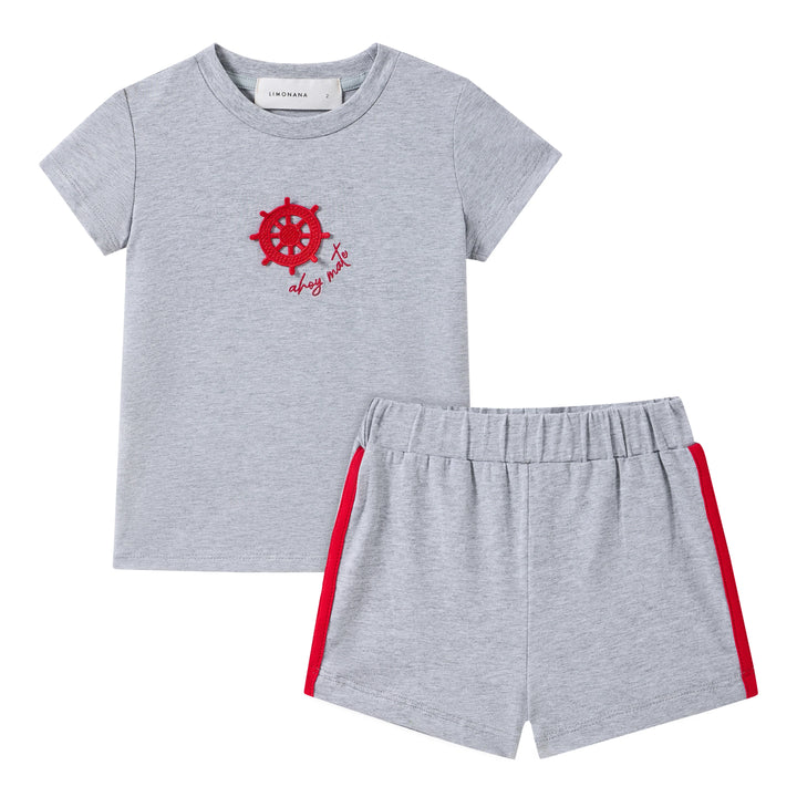 set outfit stamp tee with shorts - grey