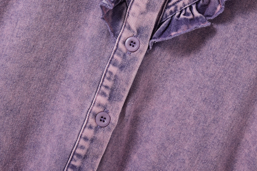 one piece denim button down frill detail romper - purple