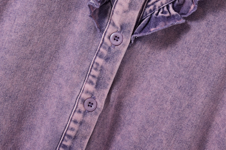 one piece denim button down frill detail romper - purple