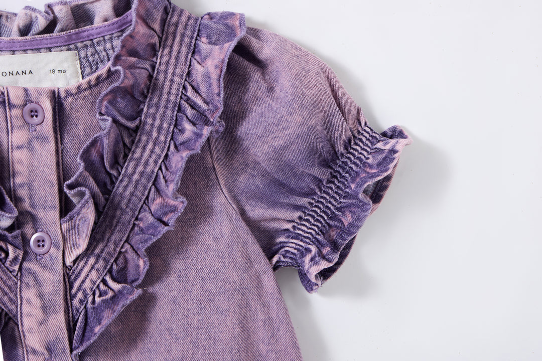 one piece denim button down frill detail romper - purple