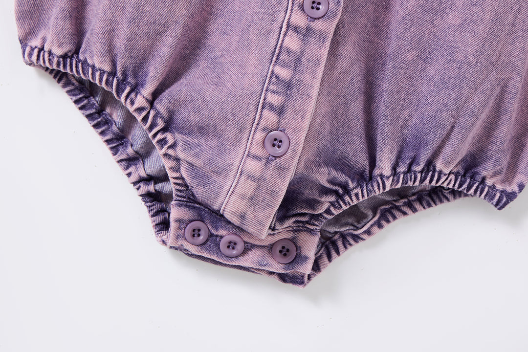 one piece denim button down frill detail romper - purple