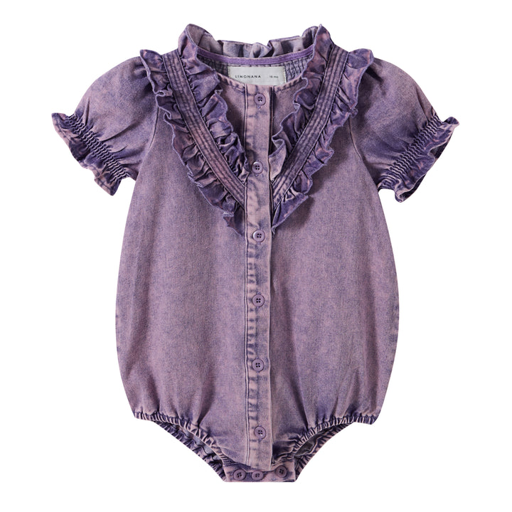 one piece denim button down frill detail romper - purple