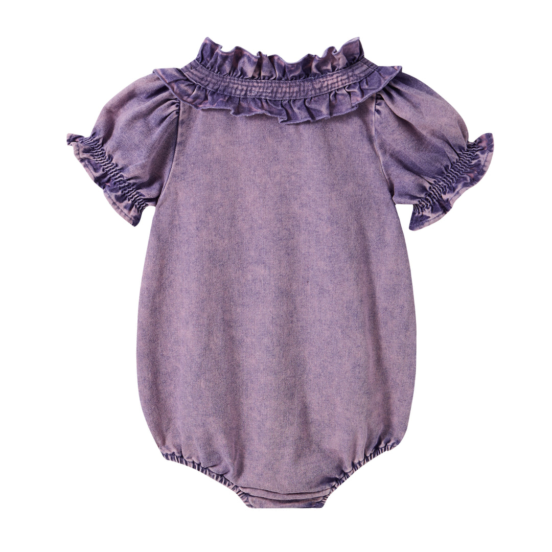 one piece denim button down frill detail romper - purple