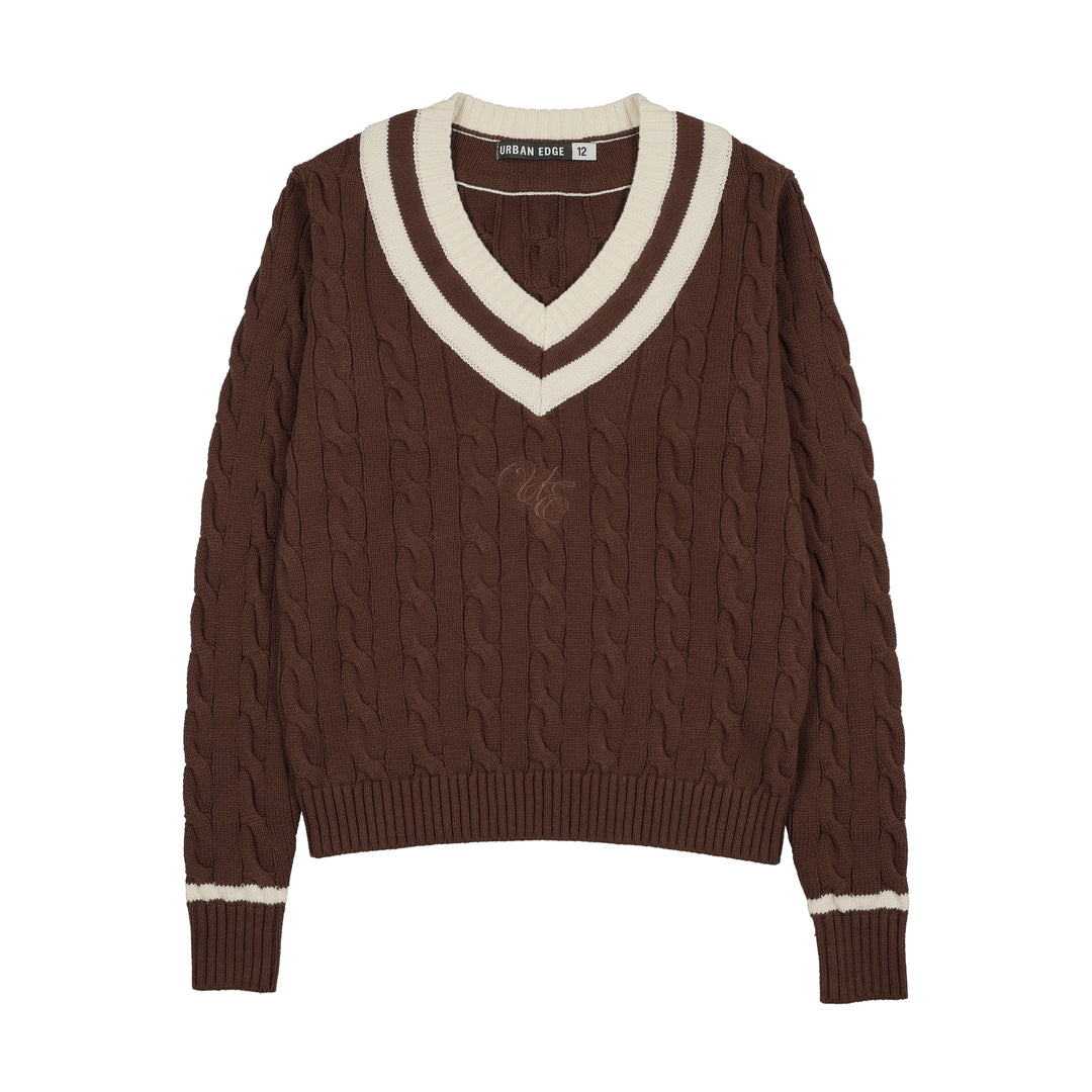 top l/s striped trim cable knit v sweater - brown