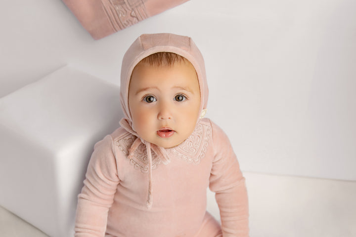 footie velour lace embroidered collar with bonnet - misty rose