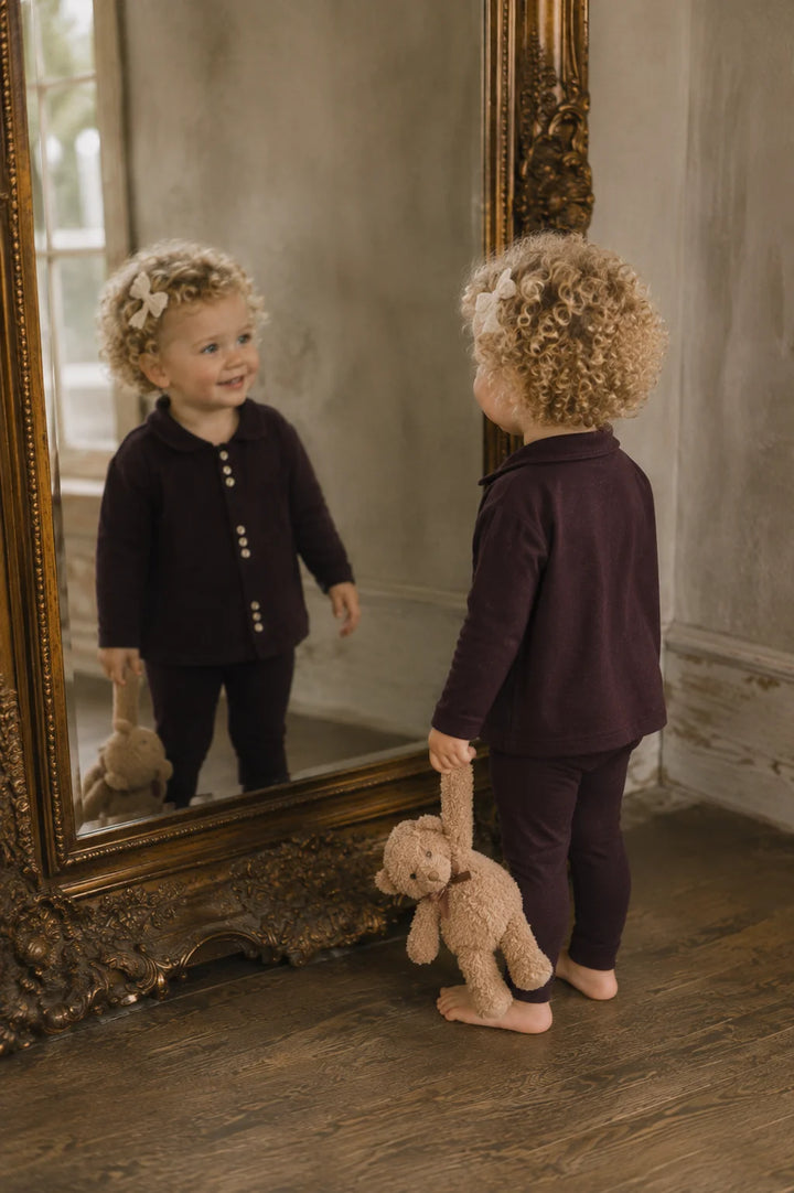 pajamas cluster button shirt and pants - eggplant