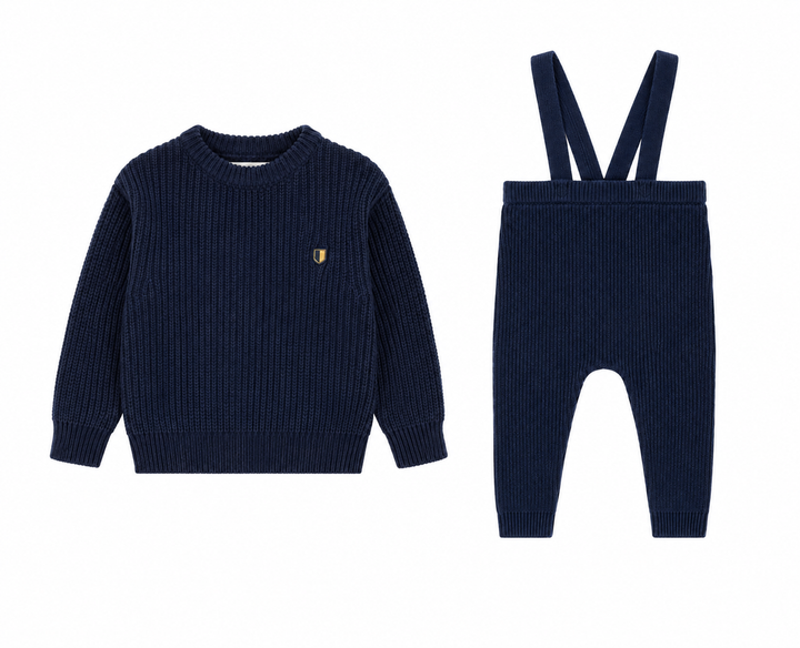 set knit fair isle crew neck sweater and overalls - dark navy