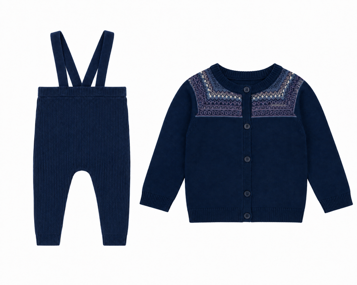 set knit fair isle cropped cardigan and overalls - dark navy