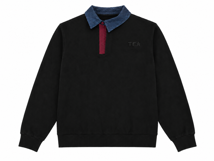 polo l/s denim collar - black