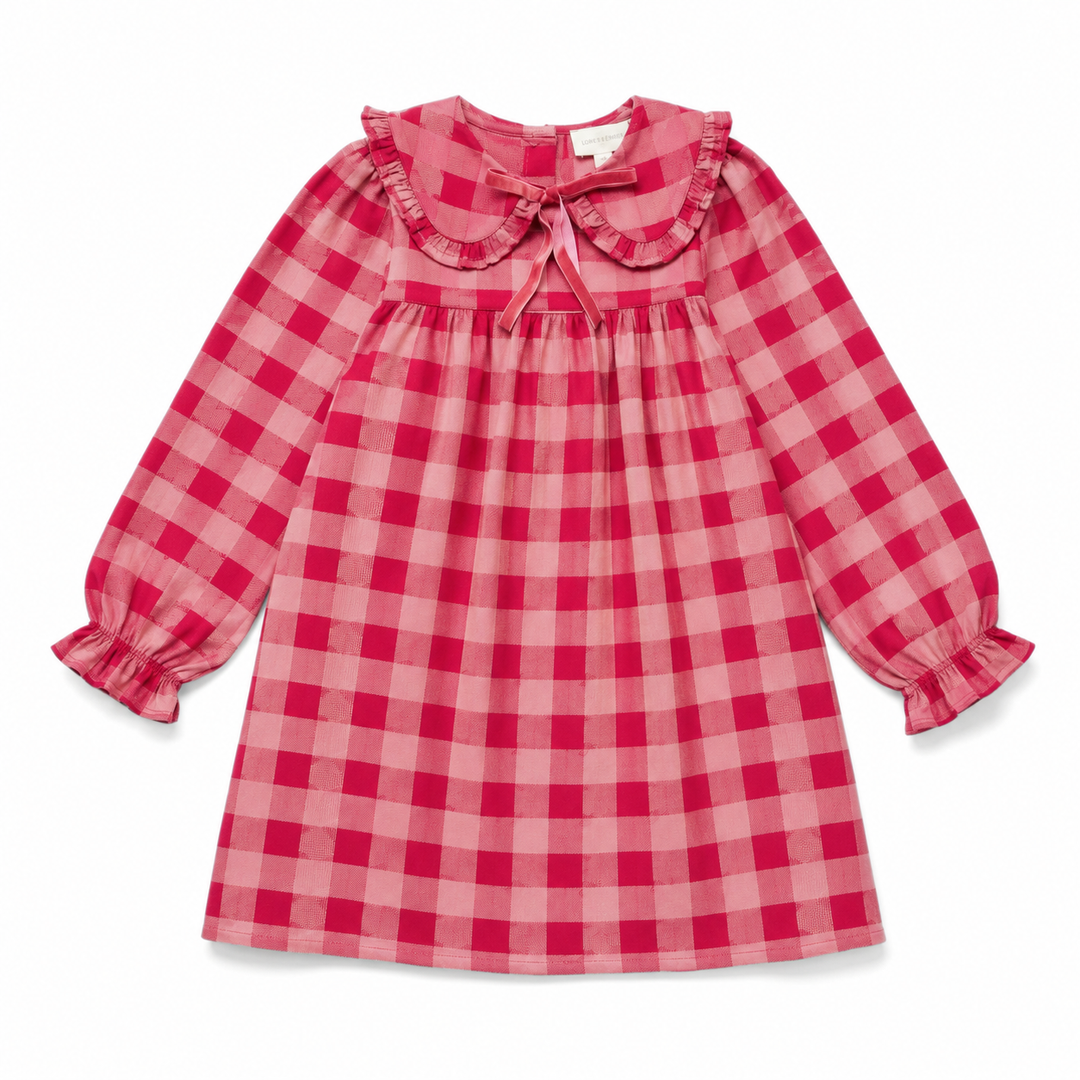 dress twill checkered heart with collar - pink/burgundy