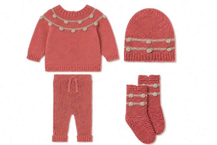 set knit pompome knit sweater and leggings with hat and booties - candy/bloom