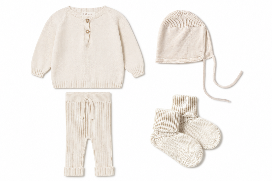 set knit knit sweater and leggings with bonnet and socks - cream