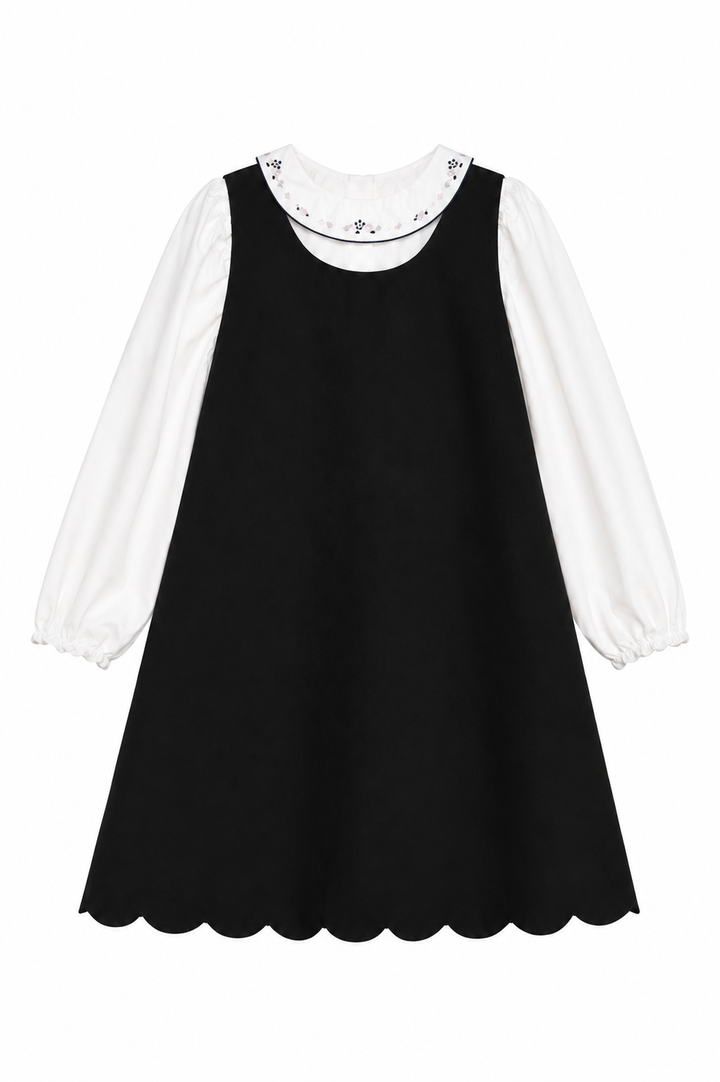 dress taffeta scalloped hem jumper with blouse - black