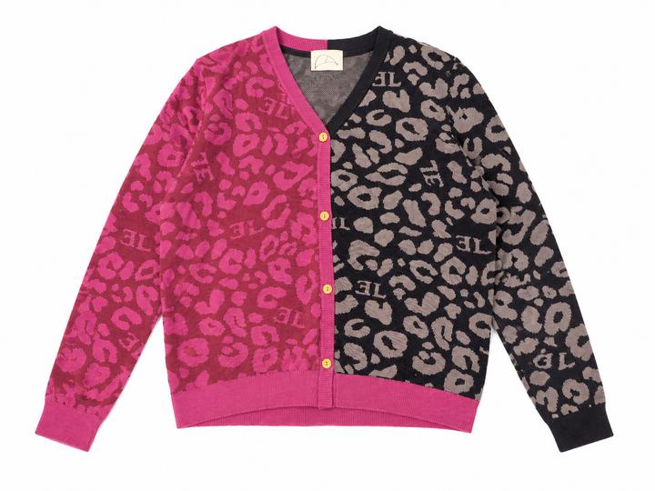 top l/s leopard print knit cardigan - grey-287