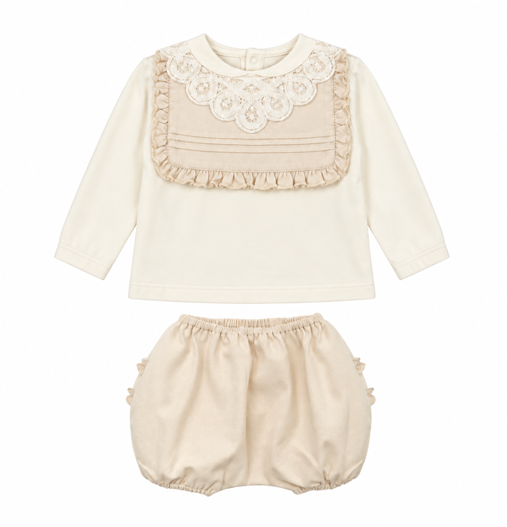 set outfit shirt lace bib and ruffle bloomers - cream beige