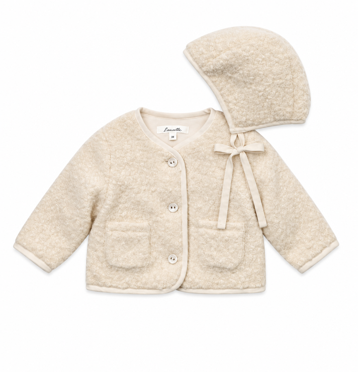 jacket sherpa button up with bonnet - cream beige