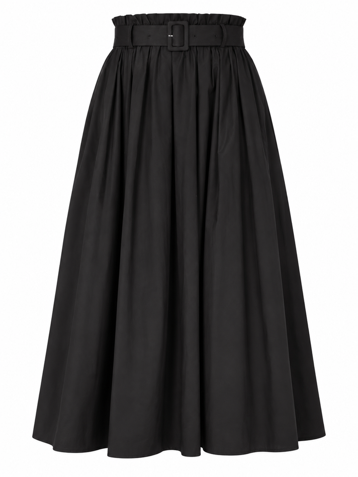 skirt midi gathered top with belt - black
