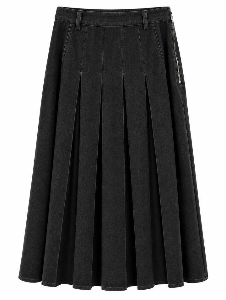 skirt midi pleated - black denim