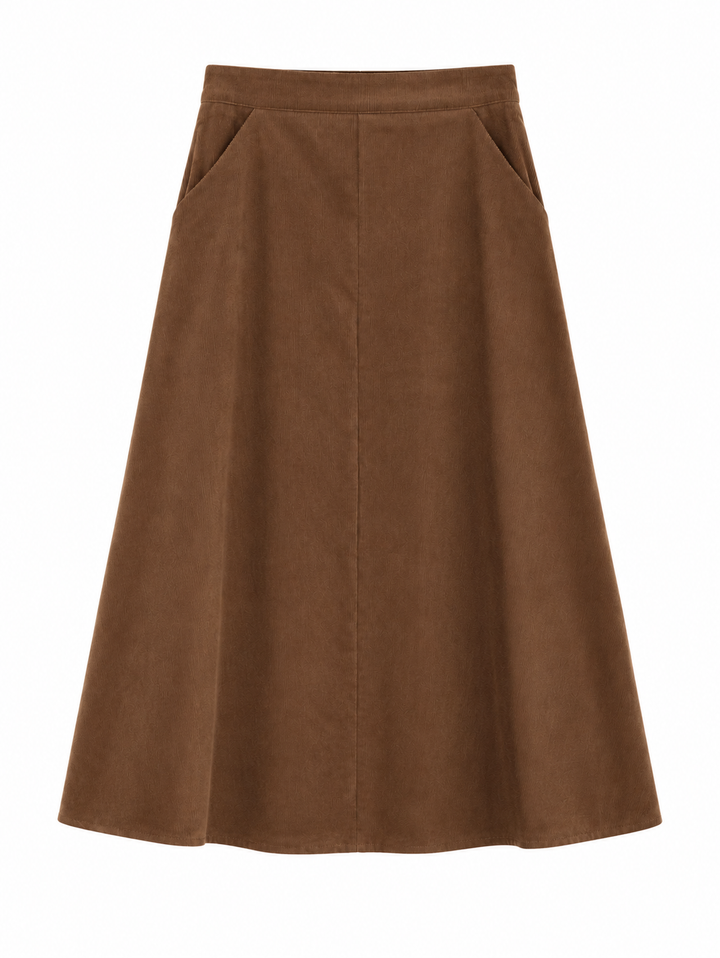 skirt midi a line corduroy with pockets - brown