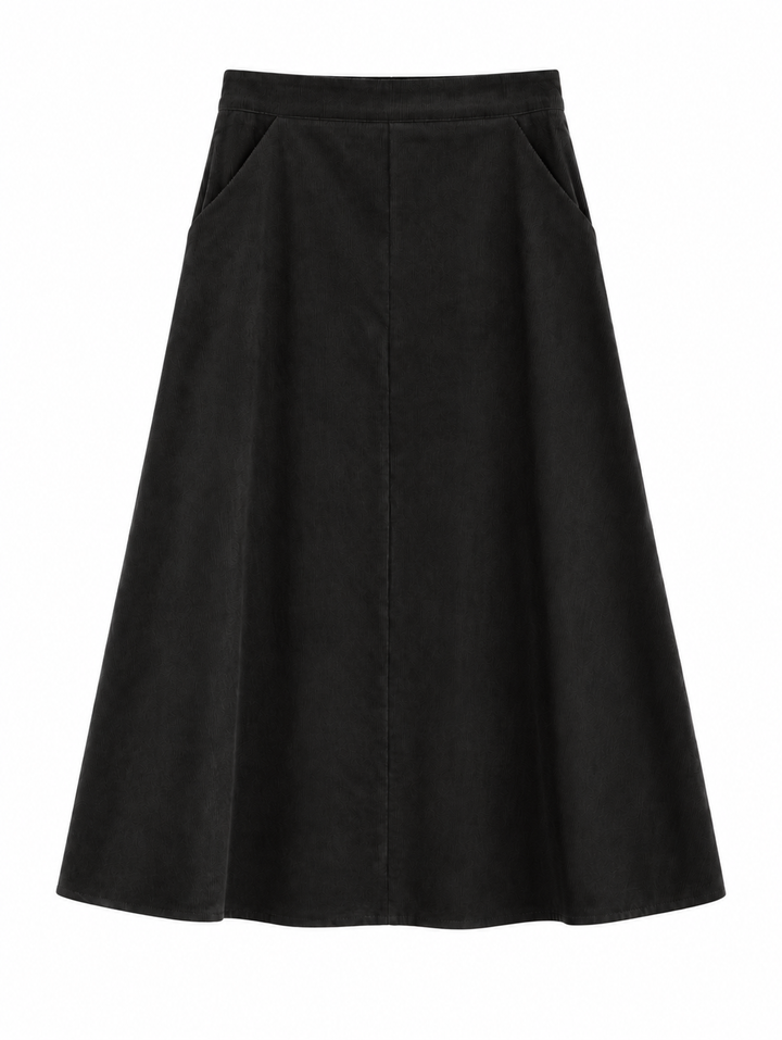 skirt midi a line corduroy with pockets - black