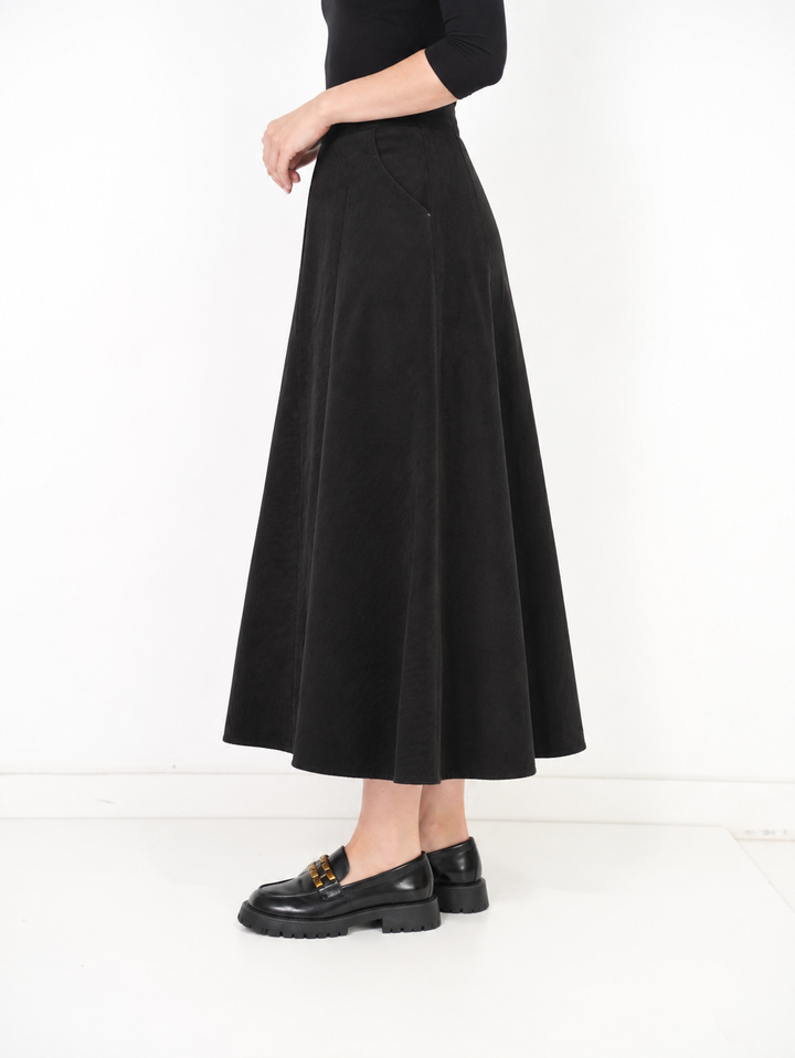 skirt midi a line corduroy with pockets - black