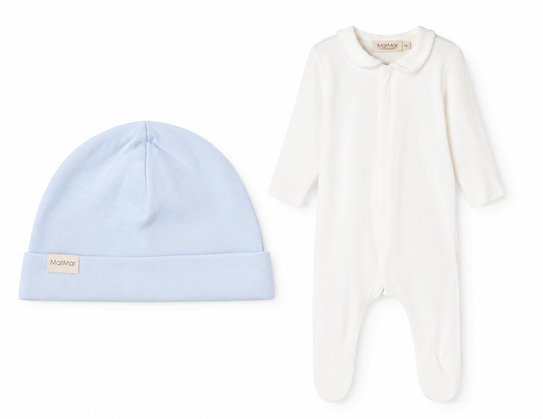 footie scalloped collar with beanie - lht ble pct/gtl whte