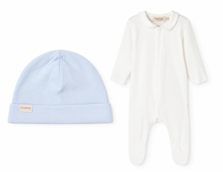 footie scalloped collar with beanie - lht ble pct/gtl whte