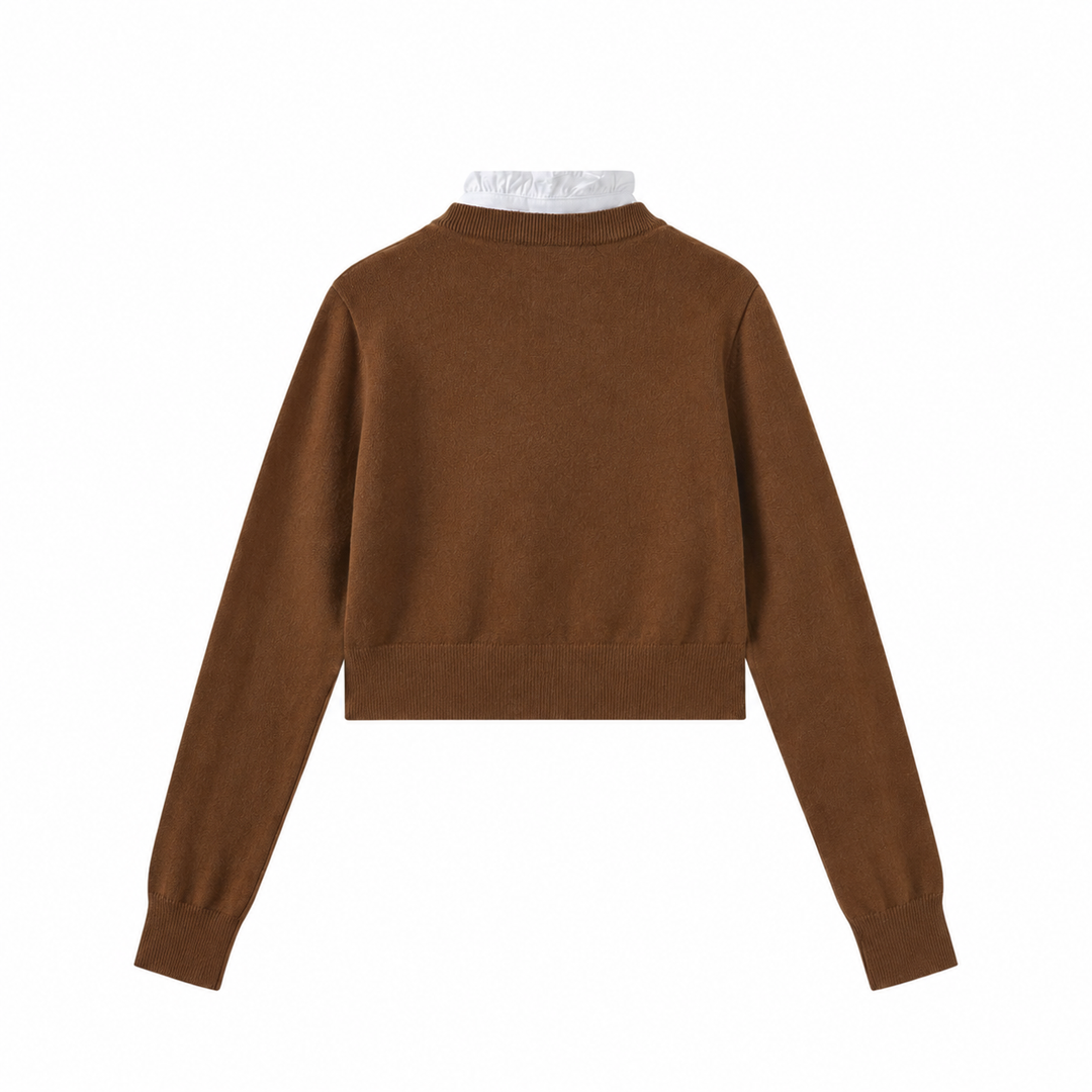 top l/s knit ruffle trim crest cardigan - brown