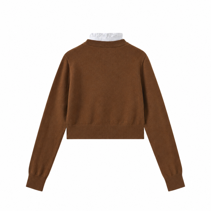 top l/s knit ruffle trim crest cardigan - brown