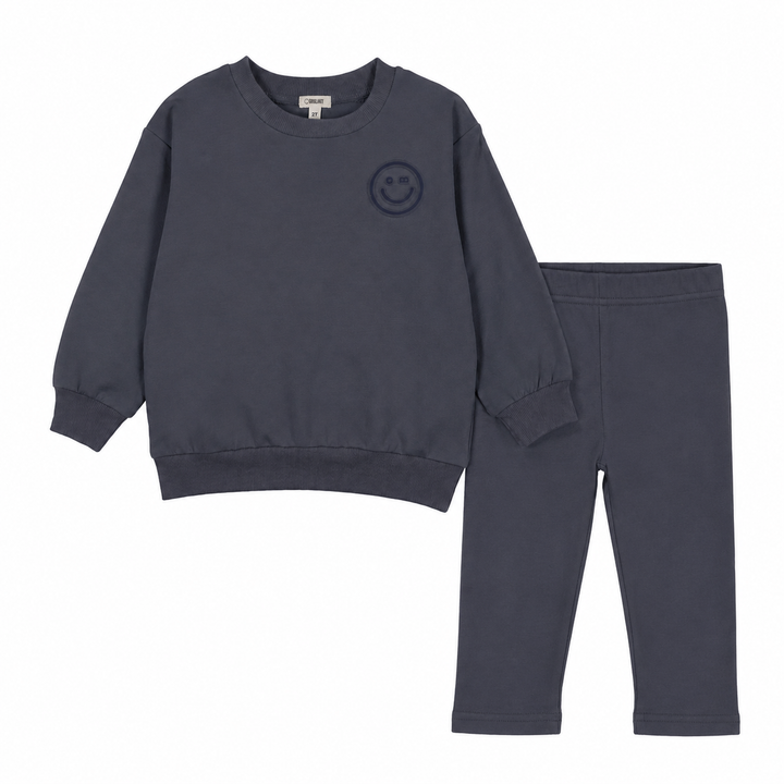 set outfit embossed smiley sweatshirt and leggings - blue denim
