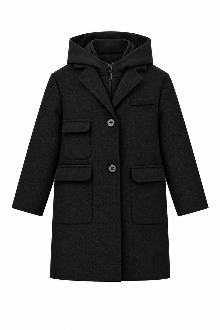jacket zip up and button down pockets with hood - black